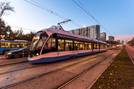 Russia, Moscow - 15 October, 2018: Modern city tram perspective rear viewのeditorial素材