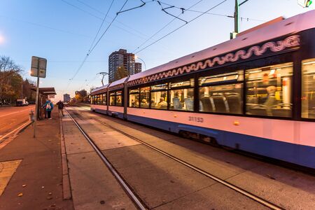 Russia, Moscow - 15 October, 2018: Modern city tram perspective rear viewのeditorial素材