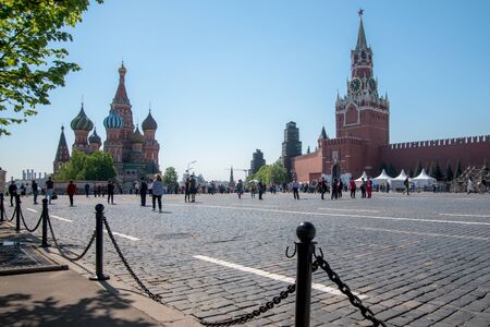 Moscow, Russia - May 13, 2018: Red Square, Cathedral of Vasily Blessed and Spasskaya Tower of Moscow Kremlinのeditorial素材