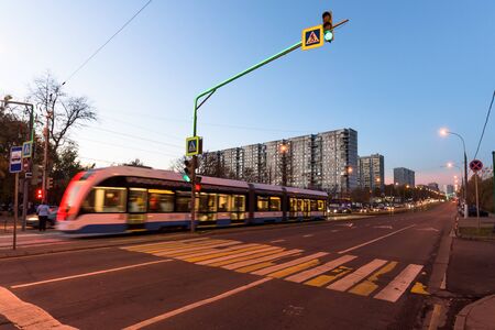 Russia, Moscow - October 15, 2018: Modern city tram perspective rear viewのeditorial素材