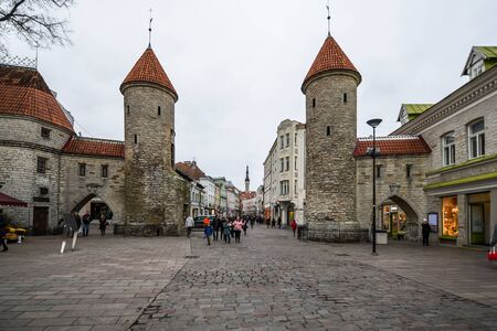Tallinn, Estonia - November 3, 2018: Twin towers of Viru gates in old townのeditorial素材