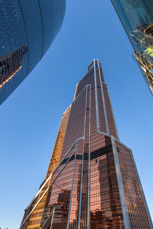 perspective bottom up view on business district skyscrapersの写真素材