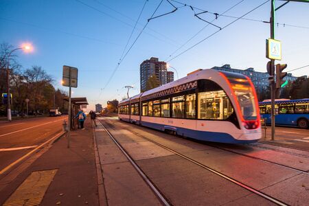 Russia, Moscow - 15 October, 2018: Modern city tram perspective rear viewのeditorial素材