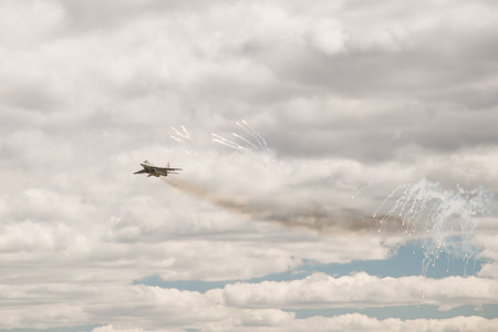 Russian military aircraft launch flaresの写真素材