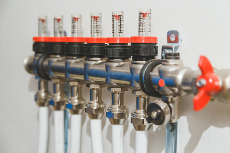 Heating floor system collector with valve close upの写真素材