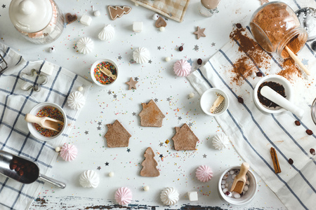 Ginger biscuits cooked at home on a table with different sweets. top viewの写真素材