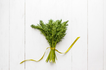 Bunch of fresh dill with ribbon on white wooden rustic background.の写真素材