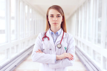 Attractive young female doctor in white coat.