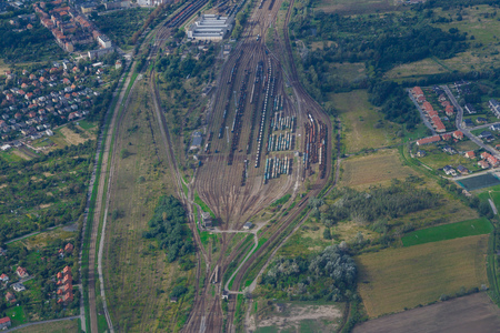 Aerial view on railway station in the small cityの写真素材