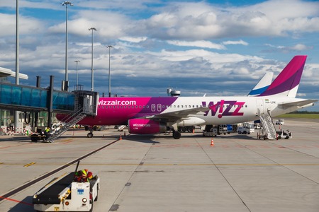WARSAW, POLAND - SEPTEMBER 9, 2017: low cost airline plane Wizzair on the airstrip at Chopin International Airport in Warsaw.のeditorial素材