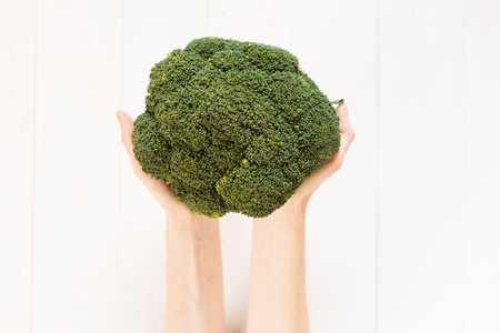 Raw food concept. Womans hands holding bunch of broccoli over light gray background. Close up. Copy-spaceの写真素材