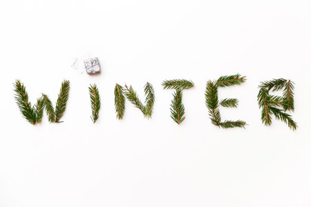 Word winter laid out by fir tree branches and little gift box isolated on white background.の写真素材