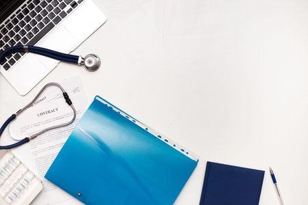 Medical business accessories on doctors workplaceの写真素材