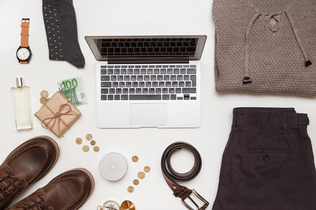Top view of men clothes and accessories on white background. Top viewの写真素材
