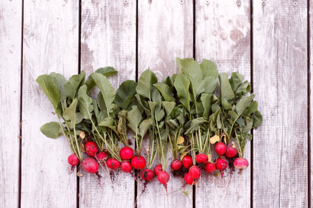 Freshly harvested, purple colorful radish on wooden background. Top viewの写真素材