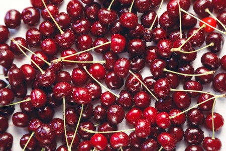 Close up of pile of ripe cherries with stalks