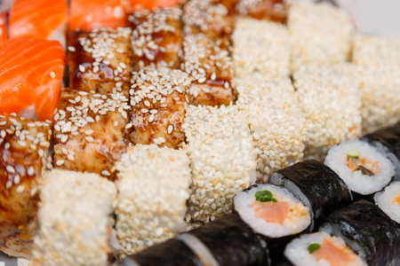 sushi and rolls large set close up view.の写真素材