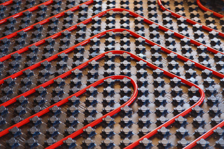 Floor heating pipe on black cover. Installation of engineering systems in a building.