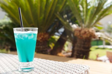 Blue Curacao Beach Cocktail with fresh lemon standing on a landing stage, with palm in backgroundの写真素材