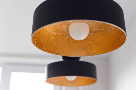 Two black metal pendant lights decorated inside by golden foilの写真素材