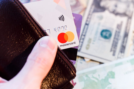 Minsk, Belarus - January 3, 2019: close up of debit master card card, in the leather wallet, product shot.のeditorial素材
