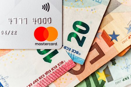 Minsk, Belarus - January 3, 2019: euro money and mastercard system bank card.のeditorial素材