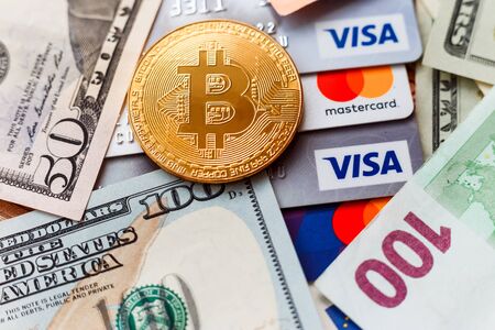 New age currency, bitcoin, credit card and dollar banknote, new kind of money, business and commercial conceptのeditorial素材