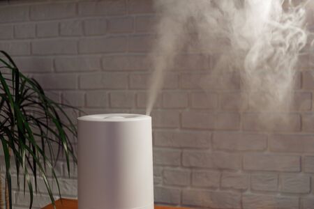 Domestic humidifier spreading steam into the living roomの写真素材