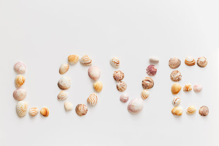 Word Love created of seashells and driftwood isolated on white background.