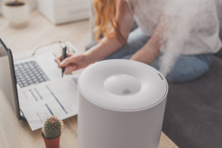 Woman freelancer uses a household humidifier in the workplace to maintain relative humidity and...