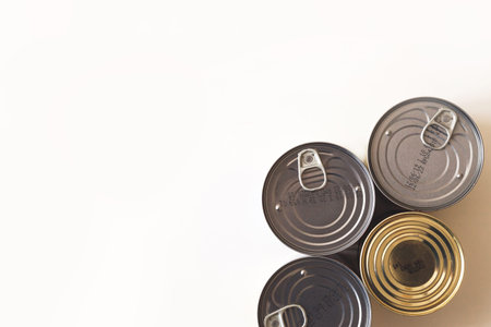 Tin, canned food isolated on white. Stock and proviant concept.