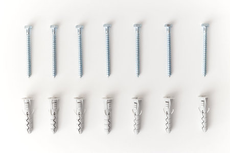 Dowels and fasteners screws isolated on white background lying in row.