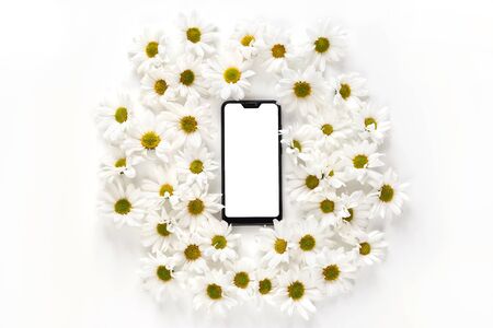 Smartphone with blank screen among white golden-daisy flowers on white background. Flat lay, top view mock up.の写真素材