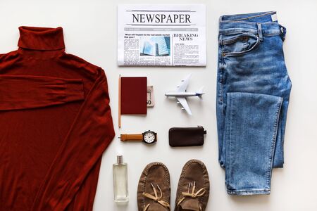 Casual male flat lay hipster fashion clothes and accessories set isolated on white. Top view knollingの写真素材