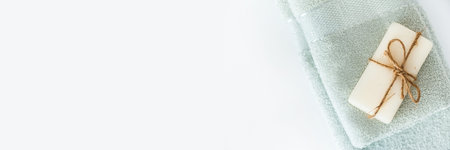 Solid soap corded on bath towels on white background with copy space. Top view with copy space