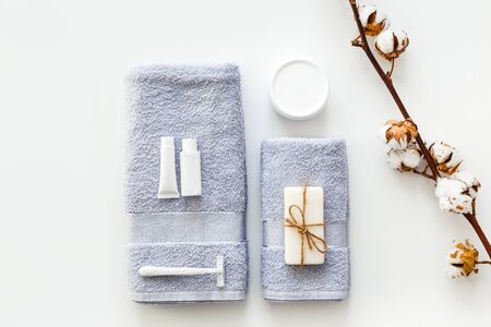 Body and skin hygienic care toiletry spa accessories, on white background. Flat lay. Copy spaceの写真素材