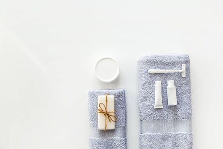 Body and skin hygienic care toiletry spa accessories, on white background. Flat lay. Copy spaceの写真素材