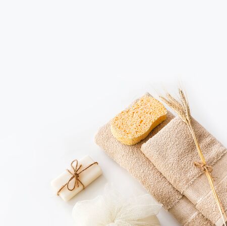 Body and skin hygienic care toiletry spa accessories, on white background. Flat lay. Copy spaceの写真素材