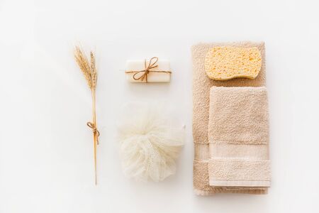 Body and skin hygienic care toiletry spa accessories, on white background. Flat lay. Copy spaceの写真素材