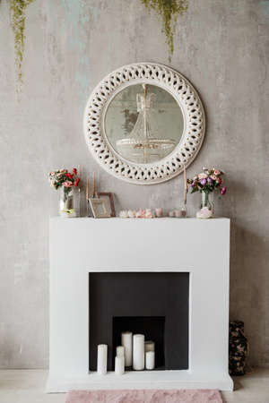 Fireplace with beautiful blue decorations.の写真素材