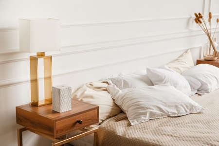 Luxury contemporary bedroom interior with gypsum stucco on white wallsの写真素材