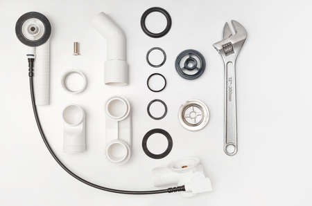 Details plastic siphon kit for bathtub on a white background.の写真素材