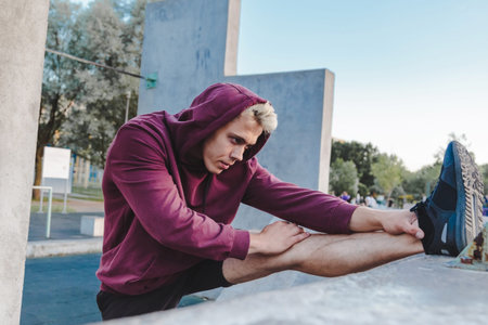 Young caucasian man stretching his legs.