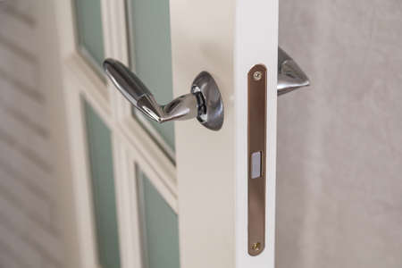 Wooden door with contemporary magnetic latch on modern interior.の写真素材