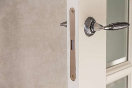 Wooden door with contemporary magnetic latch on modern interior.の写真素材
