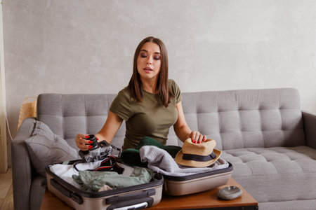 Suitcase preparation for a vacation trip after lock down. Young woman checking clothes and stuff in luggage on the sofa at home before travelの写真素材