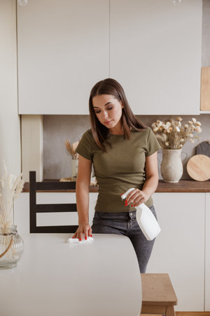 Young woman without gloves cleaning table with spray rag in kitchenの写真素材