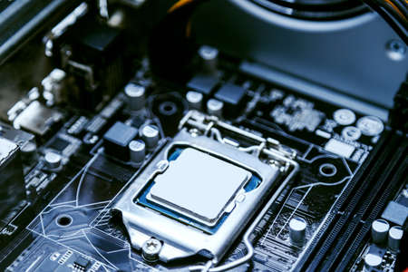 Motherboard of a personal computer, processor close-up. Modern technologies, computer architectureの写真素材