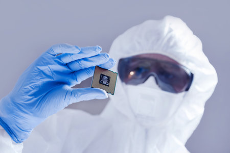 Close-up view on a new semiconductor microchip in gloved hand of computer scientist. Modern technology and hardware developmentの写真素材