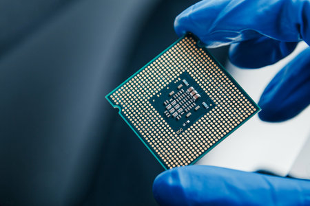 Close-up view on a new semiconductor microchip in gloved hand of computer scientist. Modern technology and hardware developmentの写真素材